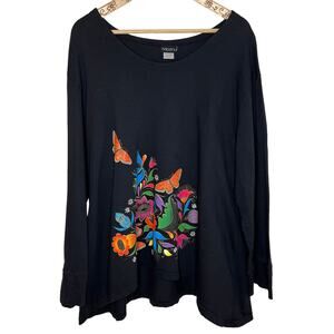 Sabaku Black Shirt Top with Butterfly Floral Print Size XL Mariposas Doradas